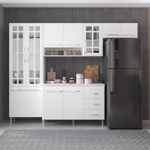 Armário de Cozinha Modulada Compacta Fidelitá Viena 4 Peças 260cm 11 Portas 3 Gavetas com Tampo