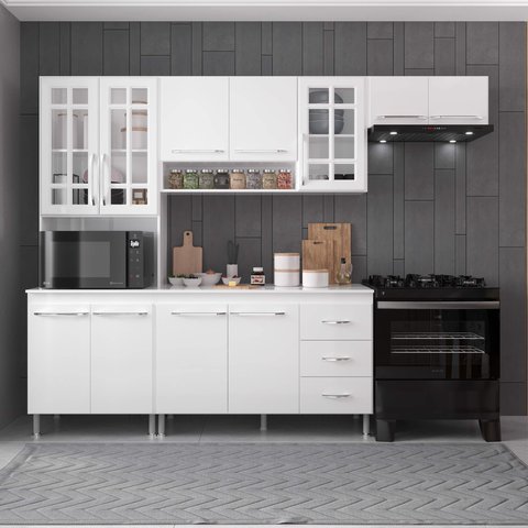 Armário de Cozinha Modulada Compacta Fidelitá Viena 4 Peças 260cm 11 Portas 3 Gavetas com Tampo