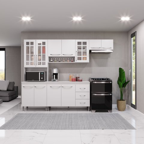 Cozinha Modulada Compacta Fidelitá Viena 4 Peças 260cm 11 Portas 3 Gavetas com Tampo