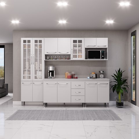 Cozinha Modulada Completa Fidelitá Viena 5 Peças 260cm 13 Portas 3 Gavetas com Tampo