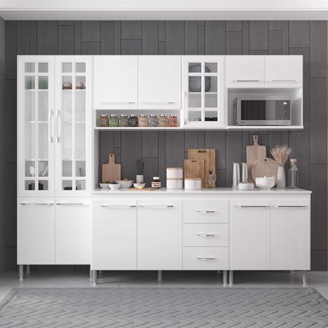 Armário de Cozinha Modulada Completa Fidelitá Viena 5 Peças 260cm 13 Portas 3 Gavetas com Tampo