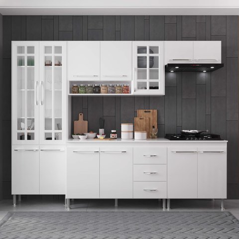 Armário de Cozinha Modulada Completa Fidelitá Viena 5 Peças 260cm 13 Portas 3 Gavetas com Tampo