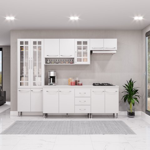 Cozinha Modulada Completa Fidelitá Viena 5 Peças 260cm 13 Portas 3 Gavetas com Tampo