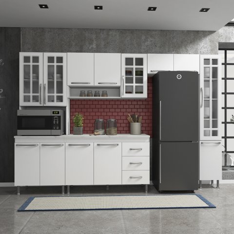 Cozinha Modulada Completa Fidelitá Viena 5 Peças 295cm 13 Portas 3 Gavetas Com Tampo