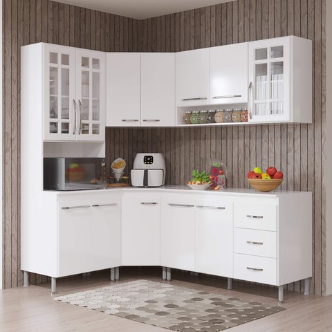 Armário de Cozinha Modulada Completa Fidelitá Viena 5 Peças 340cm 12 Portas 3 Gavetas com Tampo
