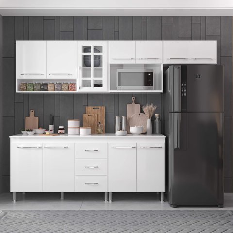 Armário de Cozinha Modulada Completa Fidelitá Viena 5 Peças 260cm 11 Portas 3 Gavetas com Tampo