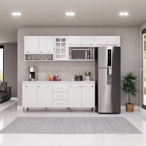 Cozinha Modulada Completa Fidelitá Viena 5 Peças 260cm 11 Portas 3 Gavetas com Tampo