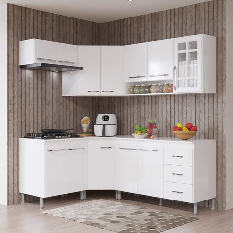 Armário de Cozinha Modulada Completa Fidelitá Viena 6 Peças 340cm 12 Portas 3 Gavetas com Tampo