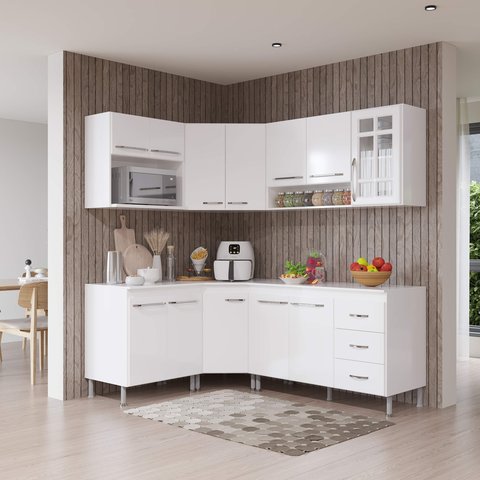 Armário de Cozinha Modulada Completa Fidelitá Viena 6 Peças 340cm 12 Portas 3 Gavetas com Tampo