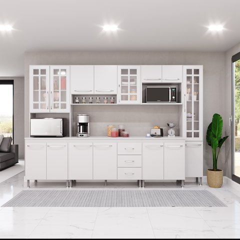 Cozinha Modulada Completa Fidelitá Viena 6 Peças 295cm 15 Portas 3 Gavetas com Tampo