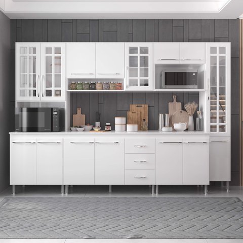 Armário de Cozinha Modulada Completa Fidelitá Viena 6 Peças 295cm 15 Portas 3 Gavetas com Tampo