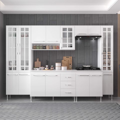 Armário de Cozinha Modulada Completa Fidelitá Viena 6 Peças 295cm 15 Portas 3 Gavetas com Tampo