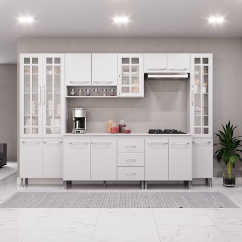 Cozinha Modulada Completa Fidelitá Viena 6 Peças 295cm 15 Portas 3 Gavetas com Tampo