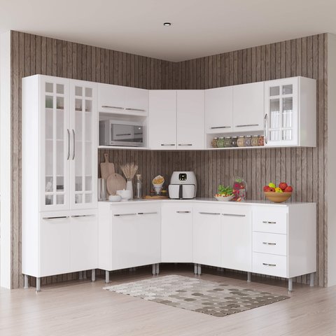Armário de Cozinha Modulada Completa Fidelitá Viena 7 Peças 410cm 16 Portas 3 Gavetas com Tampo