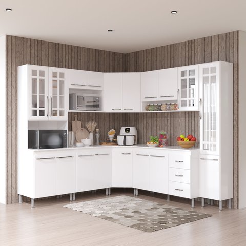 Armário de Cozinha Modulada Completa Fidelitá Viena 8 Peças 445cm 18 Portas 3 Gavetas com Tampo