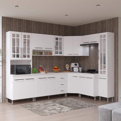 Armário de Cozinha Modulada Completa Fidelitá Viena 8 Peças 445cm 18 Portas 3 Gavetas com Tampo