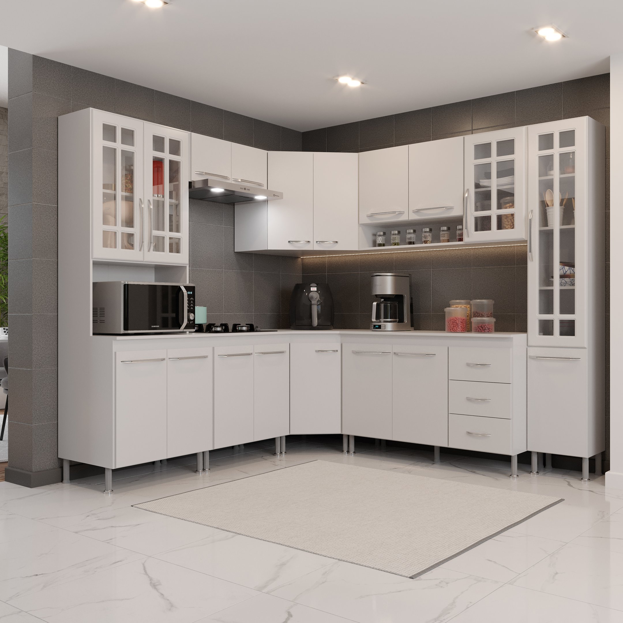 Cozinha Modulada Completa Fidelitá Viena 8 Peças 445cm 18 Portas 3 Gavetas com Tampo