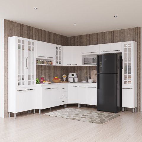 Armário de Cozinha Modulada Completa Fidelitá Viena 9 Peças 515cm 20 Portas 3 Gavetas com Tampo
