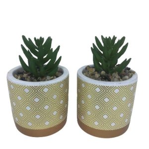 Conjunto de dois vasos de cimento com estampa geométrica dourada