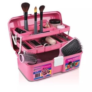 Maleta com 2 Bandejas e Alça para Transporte Feminina para Maquiagem Cosméticos Rosa Arqplast