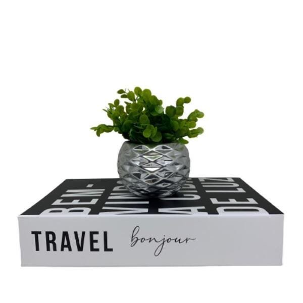 Conjunto livro decorativo e vaso prata geométrico com planta - 5