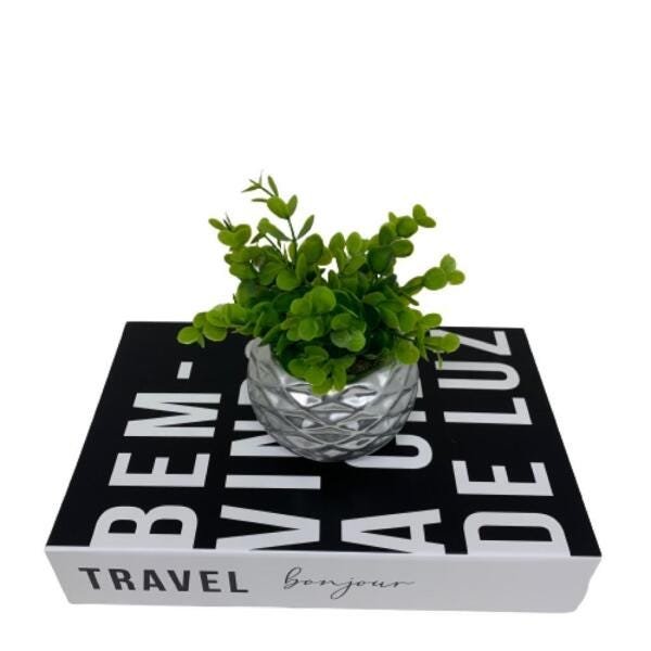 Conjunto livro decorativo e vaso prata geométrico com planta - 4