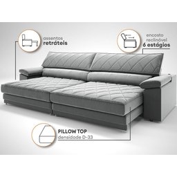 Sofá de Duplo Molejo com Carregador Usb, Retrátil e Reclinável Valencia 2,90m Veludocristal Cinza - 4