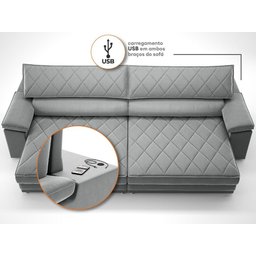Sofá de Duplo Molejo com Carregador Usb, Retrátil e Reclinável Valencia 2,90m Veludocristal Cinza - 6