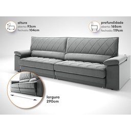 Sofá de Duplo Molejo com Carregador Usb, Retrátil e Reclinável Valencia 2,90m Veludocristal Cinza - 2