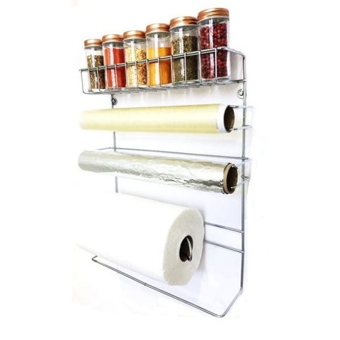 Conjunto Porta Papel Toalha 5 em 1 Cromado com 6 Potes para Tempero Vidro Tampa Rosê Gold