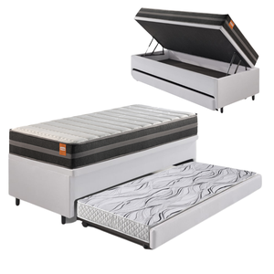 Bicama Box Baú Solteiro Courino Linho Branco 88x188 com Colchão Bogotá Molas Ultralastic Inducol