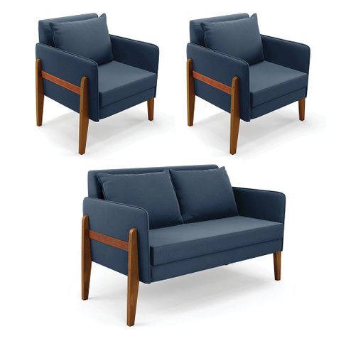Kit 1 Sofá Namoradeira e 2 Poltronas Lana Suede Azul Marinho Base de Madeira - D’Rossi