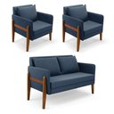 Ver imagem 1 de Kit 1 Sofá Namoradeira e 2 Poltronas Lana Suede Azul Marinho Base de Madeira - D’Rossi