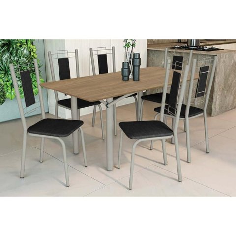 Conjunto: Mesa Sala Jantar Elba C/ Tampo de Madeira 160cm e 6 Cadeiras Florença Niquel/nogueira -