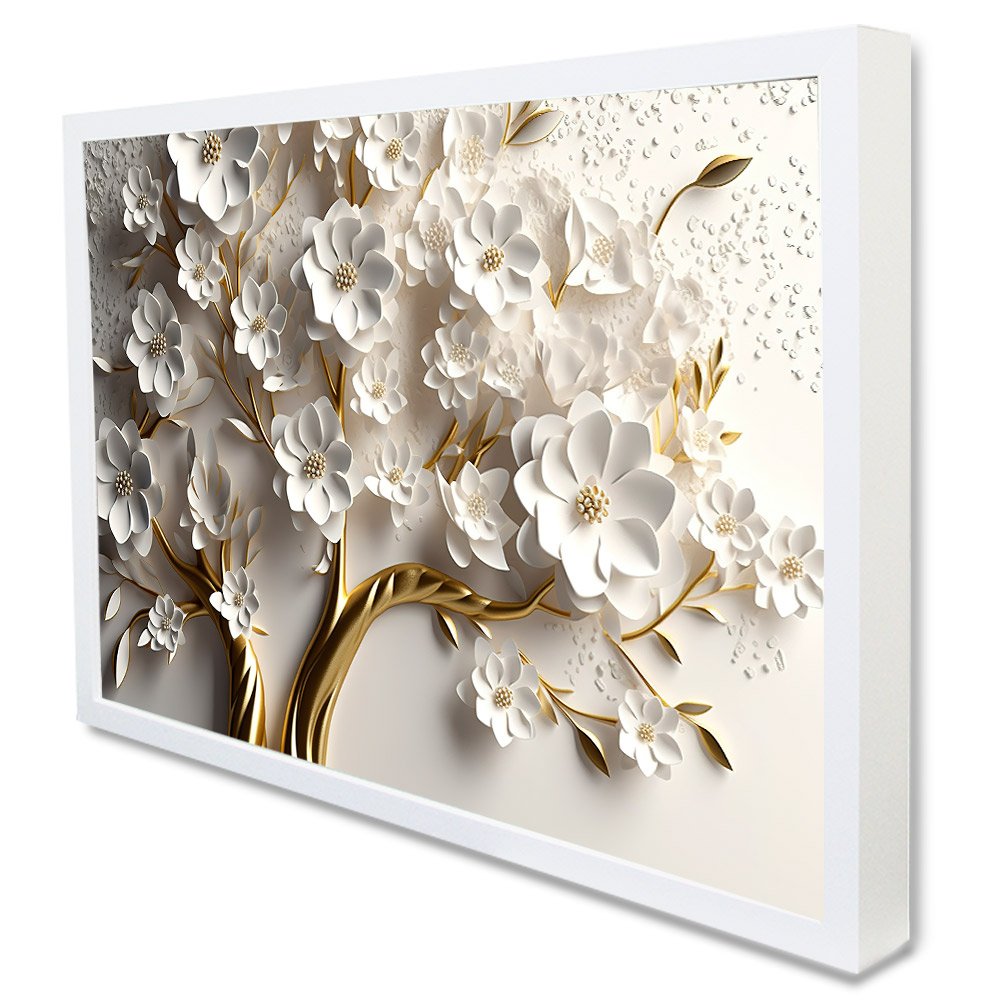 Quadro Decorativo Floral Luxo Primavera Branca em Moldura Caixa Tacolado Moldura Caixa 3cm Branca Se - 1