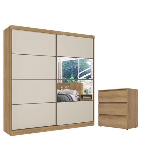 Guarda Roupa Casal Malaga Glass 2 Portas Capuccino Off White Acetinado e Cômoda Gaveteiro Condessa C
