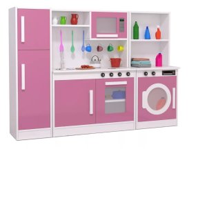 Mini Cozinha Infantil Lúdica C/ Armário Geladeira Lavanderia:rosa