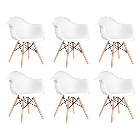 Kit 6 Poltronas Eames de Madeira com Braço Daw com Assento Branco
