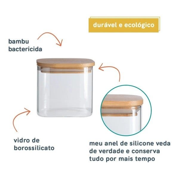 Kit 3 Potes Vidro Hermético Quadrado 800ml Tampa Bambu Oikos - 3