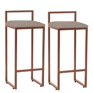 Kit 02 Banqueta Alta Lina Industrial Cozinha Bar Balcão Bistrô Ferro Bronze Suede Bege - Ahazzo M
