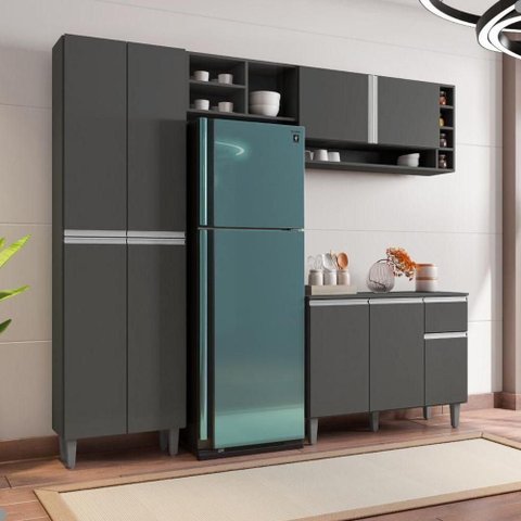Cozinha Compacta Delora 9 Portas 12 Prateleiras MDP 230cm Cinza AJL Móveis