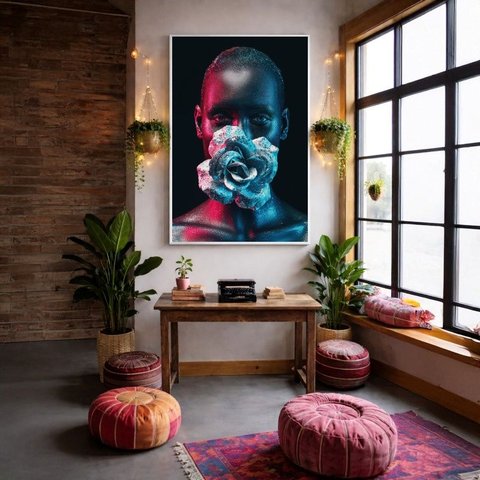 Quadro Canvas Mulher Furta-Cor Rosa 70x50cm Mold Branca