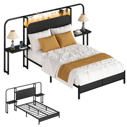 Cama Casal 140cm com Cabeceira Multifuncional, Mesas Laterais e Tomadas Preta