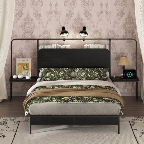 Cama Casal com Cabeceira e Mesas Laterais Estrutura em Aço Tomadas e Portas USB 140x211x127