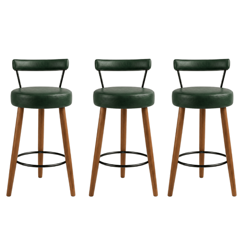 Kit 3 Banquetas Altas 80 Cm Estofada Corino Verde com Encosto Retrô P/ Cozinha Área Gourmet Bancada