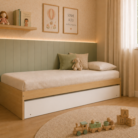 Bicama Infantil Solteiro MDF Carvalho Malva com Cama Auxiliar Branca Laqueada
