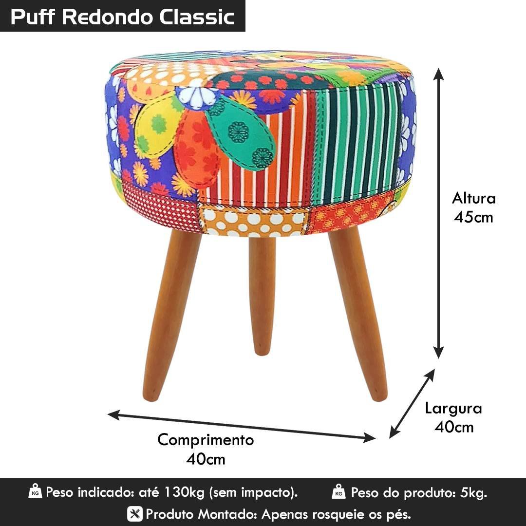 Puff Banqueta Redondo Para Sala Quarto Estampado Suede:Patchwork - 5