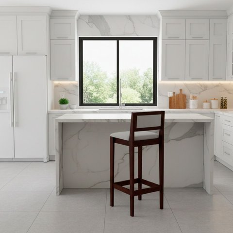 Kit 6 Banquetas Madeira Imbuia Balcão Encosto Estofado:Imbuia com Linho Prata