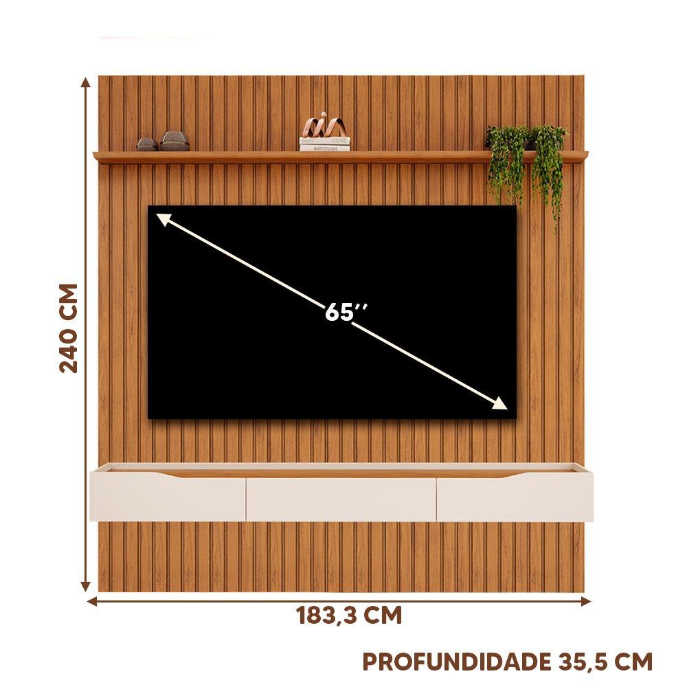 Rack Suspenso Com Painel Ripado Até 65 Polegadas Freijó Off White Vega Shop Jm - 4