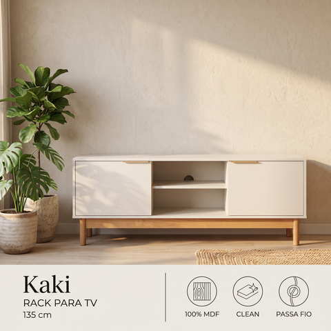 Rack Kaki para TV 55 Polegadas 100% MDF 135cm 2 Portas com Nicho Off White